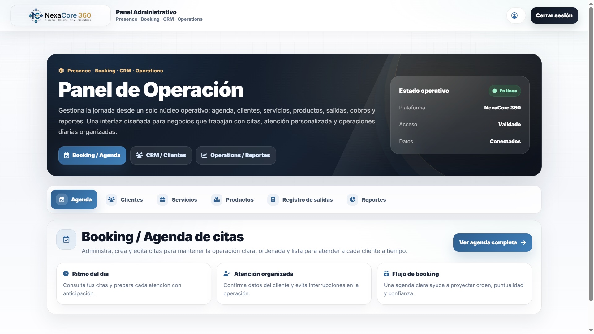 Panel de operación de NexaCore 360 con módulos de agenda, clientes y operaciones