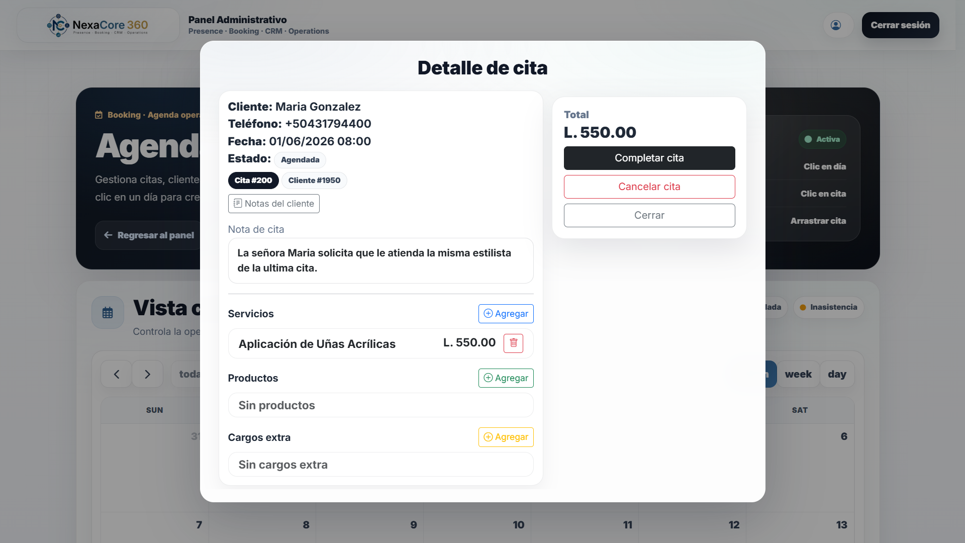 Detalle de cita en NexaCore 360 con servicios, productos, cargos extra y total