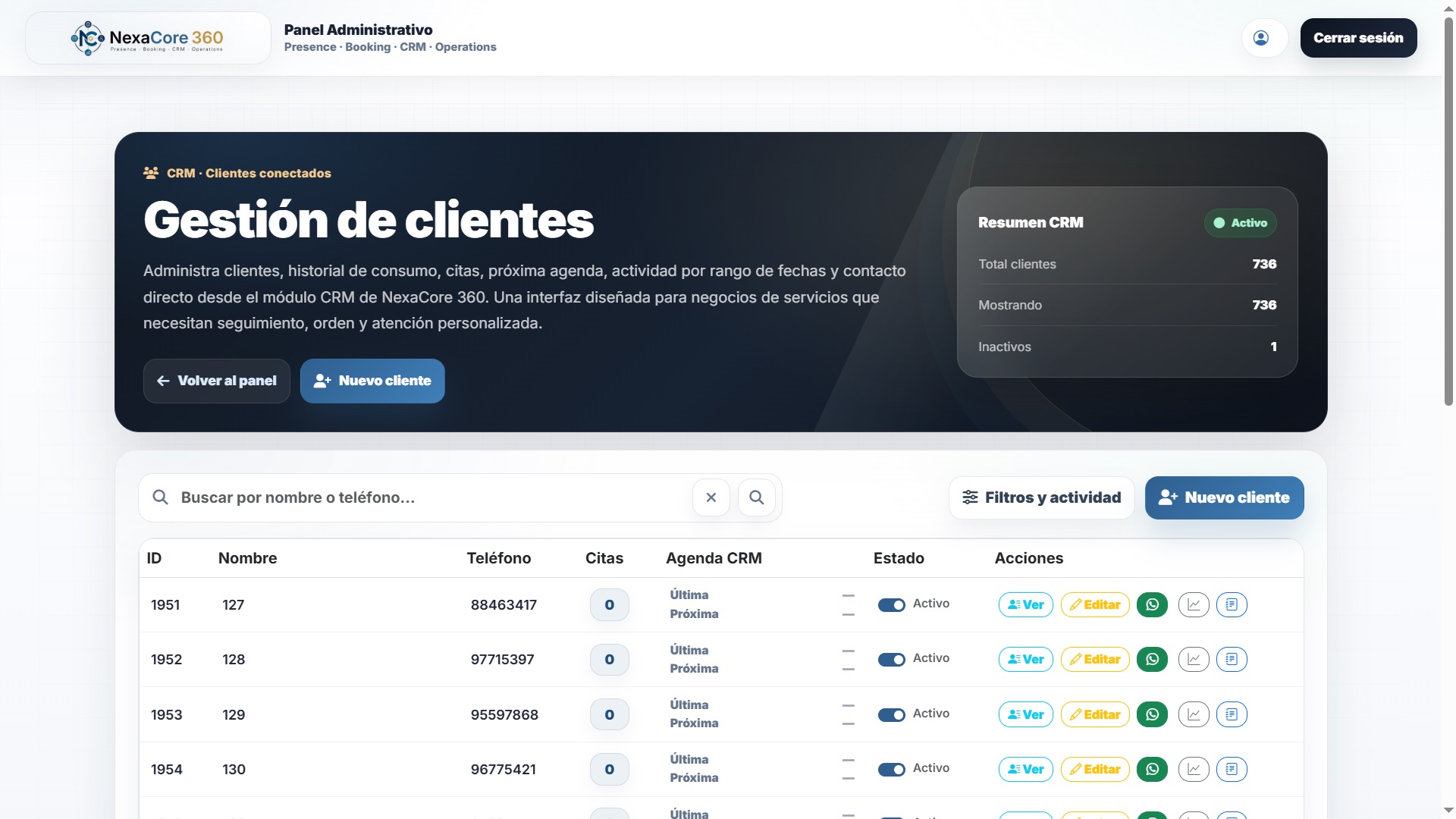 CRM de clientes de NexaCore 360 con historial y agenda de cliente