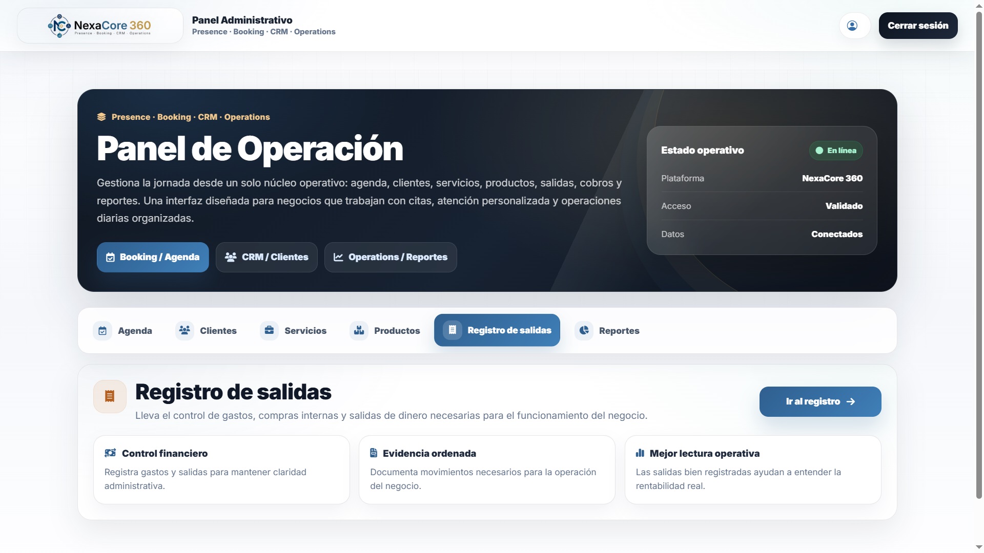 Registro de salidas de NexaCore 360 para control operativo financiero